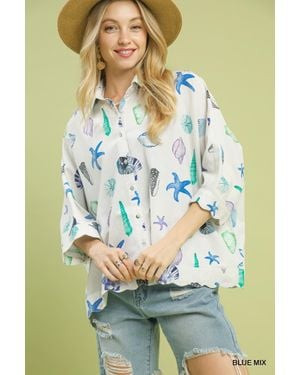 TRUEDAMES Seashell & Starfish Print Button-Down Top - Green