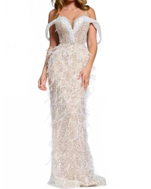 Jovani Feathered Plunge Gown With Dazzling Embellishments - White