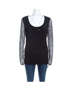 ESCADA Lace Overlay Jersey Crystal Embellished Scoop Neck Erbrou Top - Black