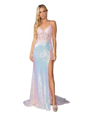 DQ Shimmering Sequin Gown With Sheer Bodice And Thigh-High Slit Prom Dress - White