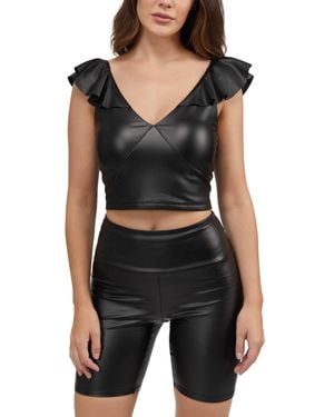 Bebe Coated Knit Ruffle Sleeve Top - Black