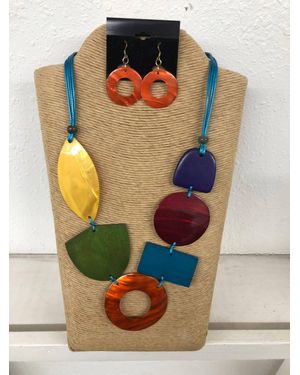 International Durus Wax Cord With Colored Wood And Shell Necklace Set - Blue