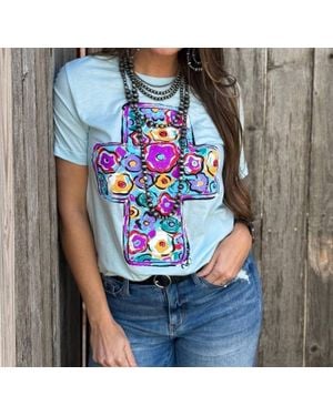 Texas True Threads Floral Cross Tee - Blue