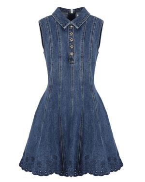 Self-Portrait Denim Mini Dress With Lace Embroidery And Classic Collar - Blue