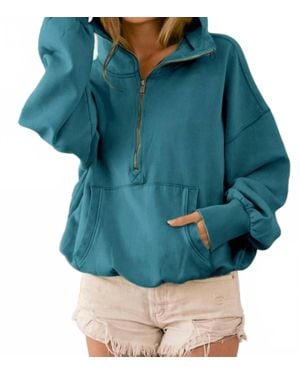 Bibi Stitch Detailed Elastic Hem Half Zip Hoodie - Blue