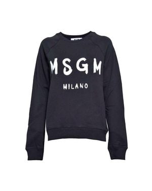 MSGM Cotton Crewneck Sweatshirt With Brush Logo Print - Blue