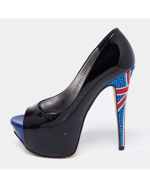 Gina Patent Leather Crystal Embellished Peep Toe Platform Pumps - Blue