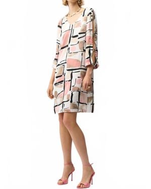 Joseph Ribkoff Recycled Satin Abstract Print Trapeze Dress With Trim - White