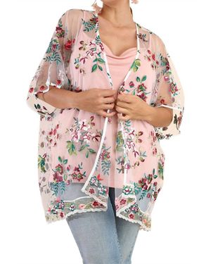 Umgee Floral Embroidered Sheer Mesh Kimono - Gray
