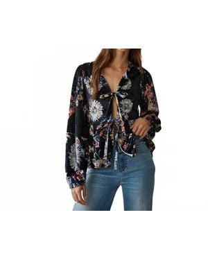 By Together Woven Floral Print V Neck Tie Front Top - Black