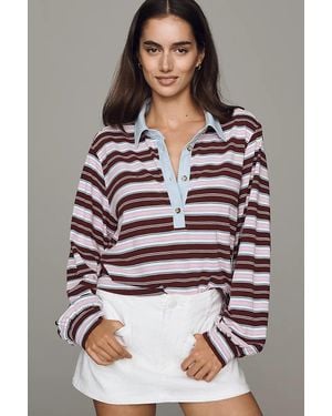 Maeve Long-Sleeve Polo Top - Gray