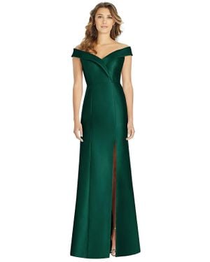 Alfred Sung Off-The-Shoulder Cuff Trumpet Gown With Front Slit - Green