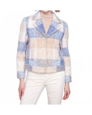 Charlie b Plaid Boucle Knit Short Jacket With Hidden Snaps And Welt Pockets - Blue