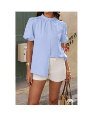 TRUEDAMES Button Down Lantern Puff Short Sleeve V Neck Top - Blue