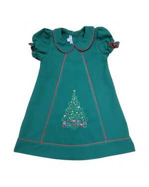 Muguet Collection Girl's Christmas Tree Embroidered Hunter Dress - Blue