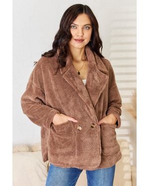TRUEDAMES Double Breasted Fuzzy Coat - Brown