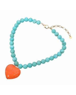 Golden Lily Chunky Bead Heart Pendant Necklace - Blue