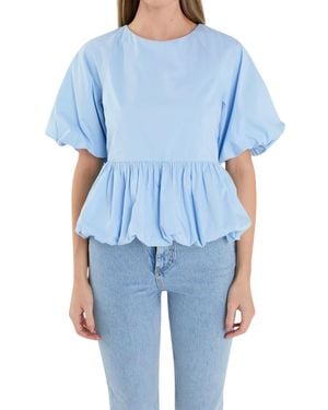 English Factory Balloon Sleeve Poplin Top - Blue
