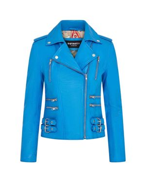 TruClothing Real Lamb Nappa Leather Vintage Gothic Buckle Biker Jacket - Blue