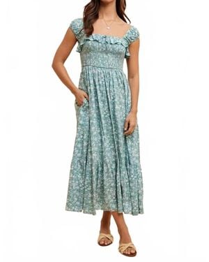 In-Loom Smocked Floral Print Maxi Dress - Blue