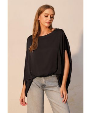 TRUEDAMES Washed Poly Silk Boat Neck Caftan Top - Black