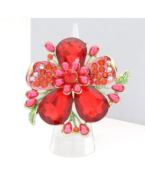 Fashnzfab Pearl Stone Embellished Oversized Flower Stretch Ring - Red