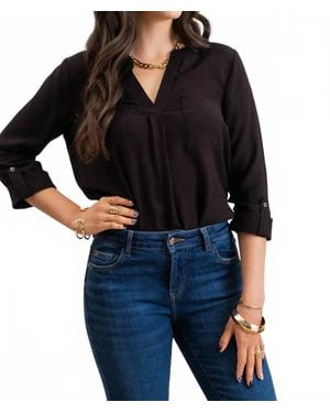 Blu Pepper Split Neck Back Button Three Quarter Tab Sleeve Top - Black