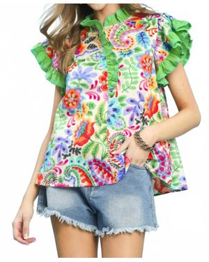 Umgee Ruffle Trim Paisley Floral Top - Blue