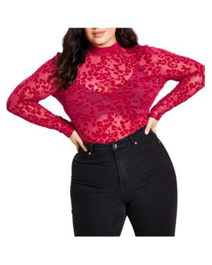 Parker Plus Velvet Trim Funnel Neck Pullover Top - Red