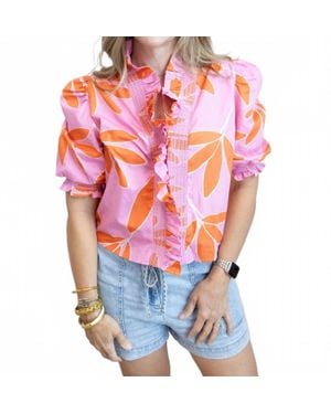 Karlie Palm Leaf Floral Ruffle Top - Pink