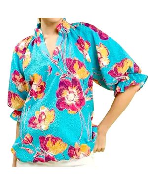 Style USA Mix Floral Puff Sleeve Top - Blue