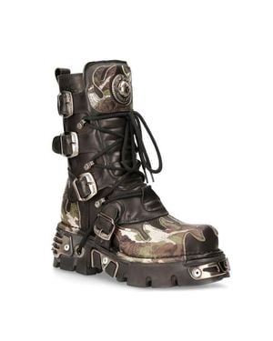 New Rock Flame Accented Camouflage Leather Biker Boots- M-591-S15 - Black