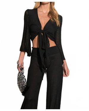 Elan Tie Front Top With Crochet Detail - Black