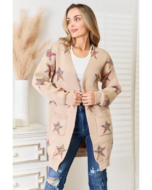 TRUEDAMES Star Pattern Open Front Longline Cardigan - Natural