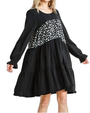Umgee Spotted Tiered Fringe Dress - Black