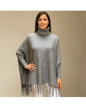 TRUEDAMES Cozy Turtleneck Fringe Hem Poncho - Gray