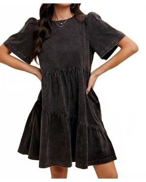 Anniewear Mineral Washed Round Neck Short Sleeve Denim Dress - Black