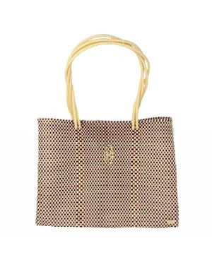 Lolas Bag Travel Woven Checkered Tote Bag With Clutch - Brown