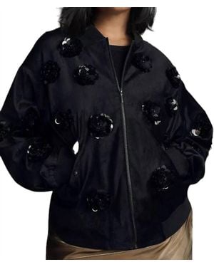 Eva Franco Velvet Floral Embroidered Bomber Jacket - Blue