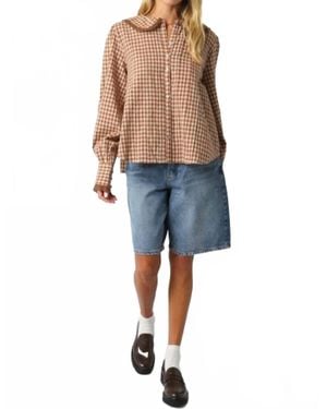 Olivaceous Lace Trimmed Gingham Button Down Shirt - Blue