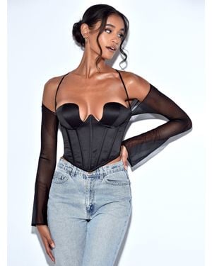 Miss Circle Pixie Mesh Sleeve Halter Corset Satin Top - Gray