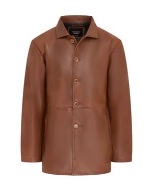 Infinity Leather Tan Leather Long Collared Car Coat Jacket - Brown