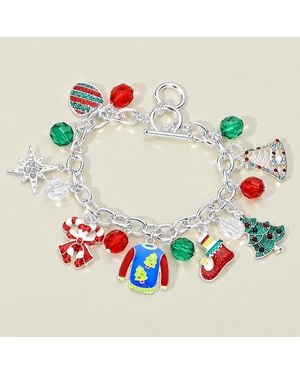 Fashnzfab Candy Cane Christmas Tree Heart Jingle Bell Charm Station Toggle Bracelet - Green