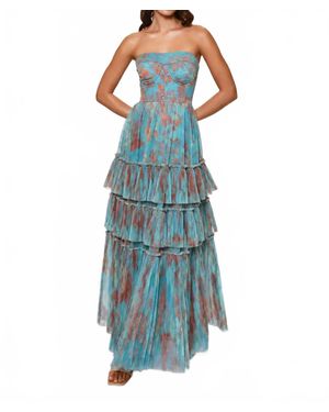 Hutch Isabella Romantic Vining Painted Floral Tulle Gown - Blue