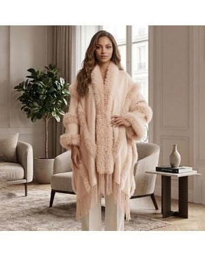 TRUEDAMES Faux Fur Trim Fringe Open Front Long Cape Coat Poncho - Brown