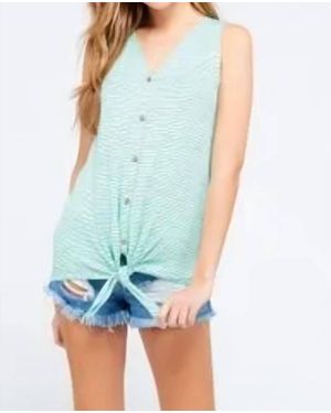 Haptics Striped Button Front Tie Tank Top - Blue