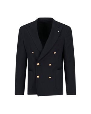 Lardini Double-Breasted Wool-Blend Blazer - Blue