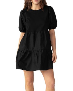 Sanctuary Puff Sleeve Mini Shift Cotton Dress - Black