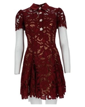Self-Portrait Burgundy Floral Lace Mini Dress With Puff Sleeves And Scalloped Hem - Red