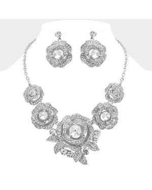 Fashnzfab Round Stone Accented Rhinestone Paved Rose Embellished Statement Necklace - Metallic